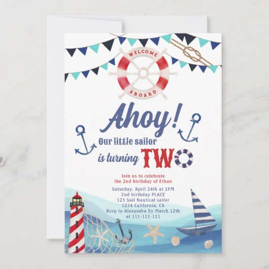 アホイ航海のセーラーボート青い赤の2番目の誕生日 招待状 (正面)