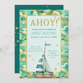アホイ航海のターコイズと金ゴールドボート誕生日 招待状 (正面/裏面)
