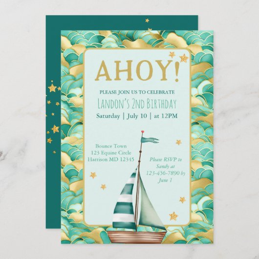 アホイ航海のターコイズと金ゴールドボート誕生日 招待状 (正面/裏面)