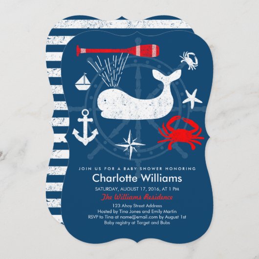 アホイ航海のブルー&赤ベビーシャワー 招待状 (正面/裏面)