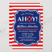 アホイ航海の海ネイビーブルーコースタルボーイ誕生日 招待状 (正面/裏面)