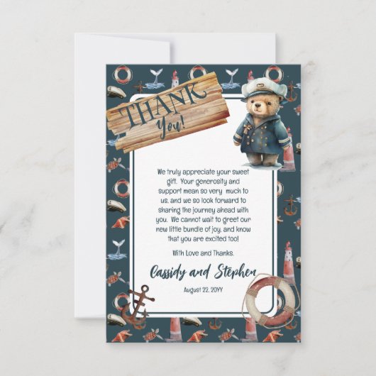 アホイ、それは男の子テディ航海のベア赤ちゃんシャワー サンキューカード (正面)