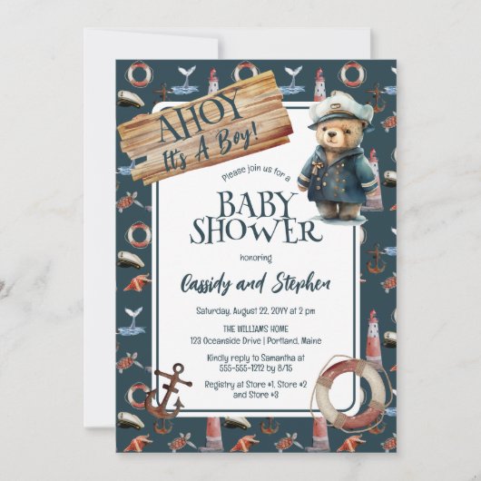 アホイ、それは男の子テディ航海のベア赤ちゃんシャワー 招待状 (正面)