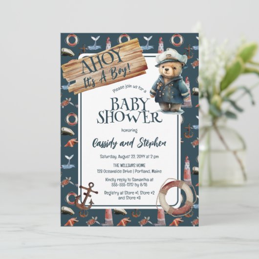 アホイ、それは男の子テディ航海のベア赤ちゃんシャワー 招待状 (スタンド正面)