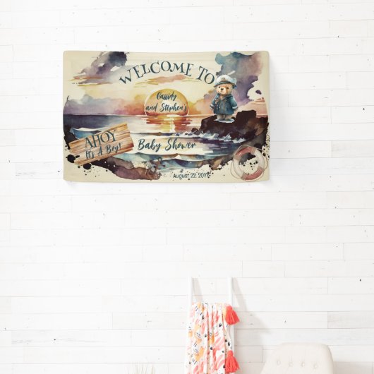アホイ、それは男の子テディ航海のベア赤ちゃんシャワー 横断幕 (インサイチュ)