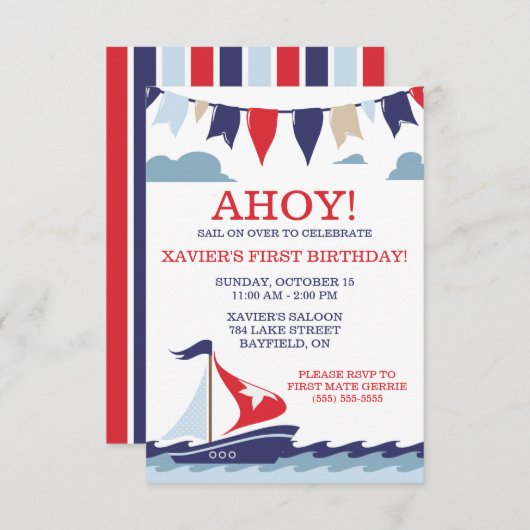 アホイ！セーリング航海の誕生日パーティー 招待状 (正面/裏面)