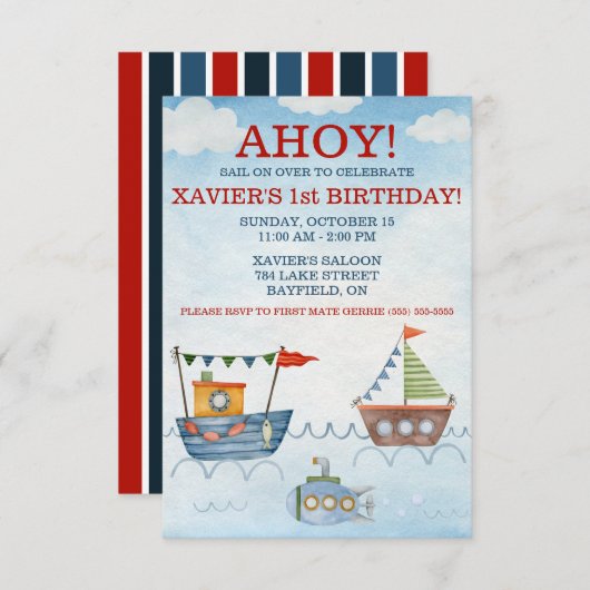 アホイ！ボート航海のと潜水艦の誕生日パーティー 招待状 (正面/裏面)