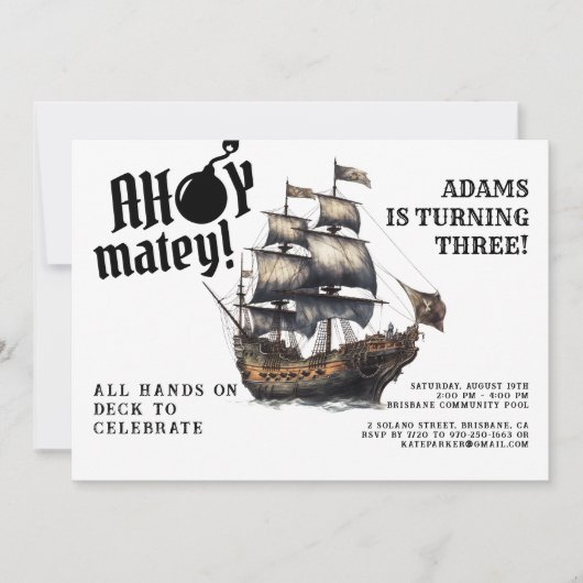 アホイ・マテイ!ホワイトパイレーツシップ誕生日 招待状 (正面)
