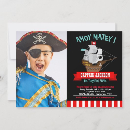 アホイ・マテイ!ボート海賊誕生日写真 招待状 (正面)