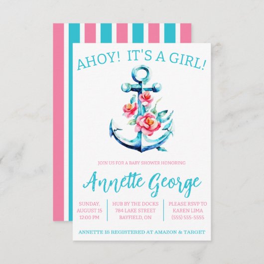 アホイ!女の子だ!フローラいかりベビーシャワー 招待状 (正面/裏面)