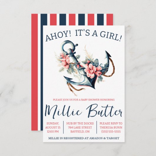 アホイ!女の子だ!フローラいかりベビーシャワー 招待状 (正面/裏面)