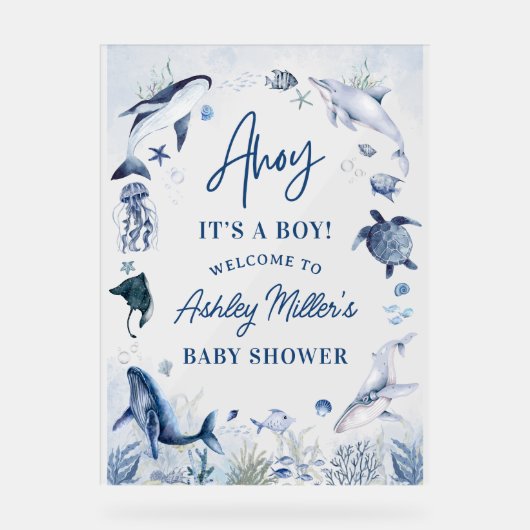 アホイ！海の男の子の赤ちゃんシャワーの下の男の子だ アクリルサイン (正面)