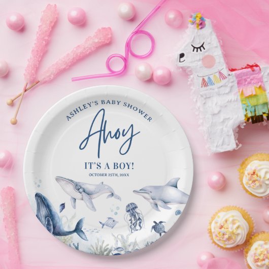 アホイ!海の男の子の赤ちゃんシャワーの下の男の子だ ペーパープレート (パーティー)