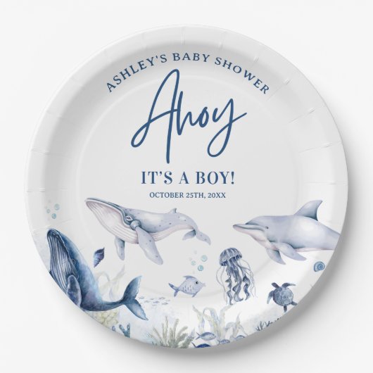 アホイ！海の男の子の赤ちゃんシャワーの下の男の子だ ペーパープレート (正面)