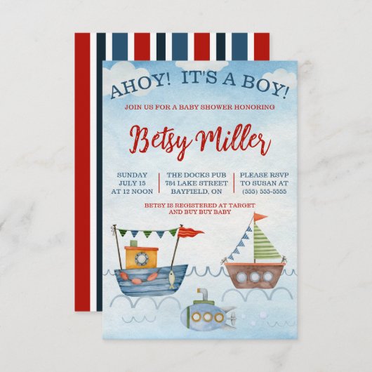 アホイ！男の子だ！ボートと潜水艦の赤ちゃんシャワー 招待状 (正面/裏面)