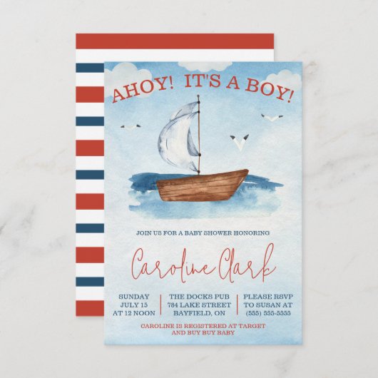 アホイ！男の子だ！帆船航海の赤ちゃんシャワー 招待状 (正面/裏面)