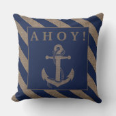 アホイ！航海のいかりネイビーブルー&バーラップストライプズ クッション (正面)
