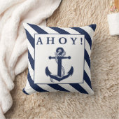 アホイ!航海のいかりネイビーブルー&ホワイトストライプズ クッション (ブランケット)