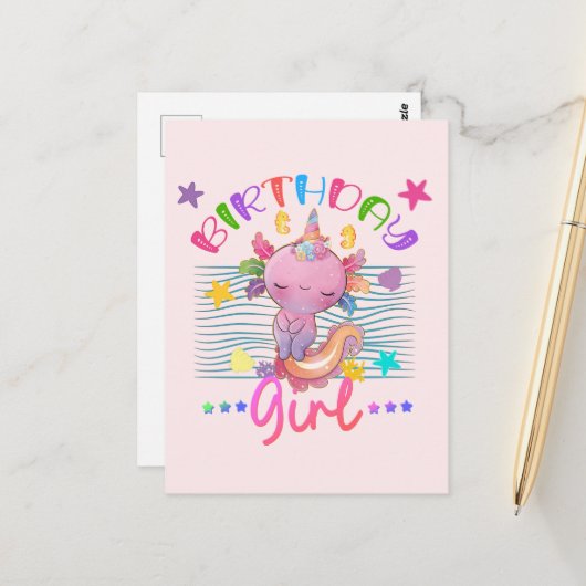アホロトル ユニコーン 誕生日 ガール パーティー テーマ カラフル ポストカード (正面/裏面インサイチュ)