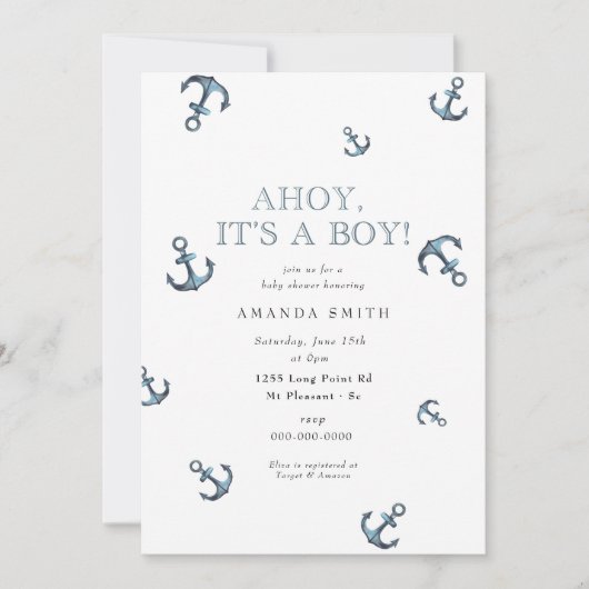 アホ航海のイそれは少年海軍いかりベビーシャワー 招待状 (正面)