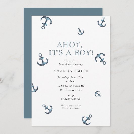 アホ航海のイそれは少年海軍いかりベビーシャワー 招待状 (正面/裏面)