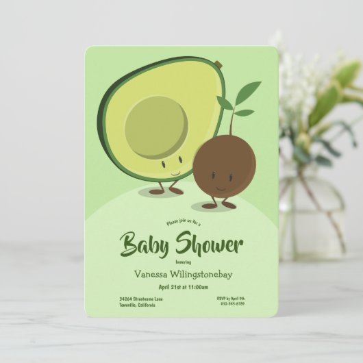 アボカドとピット漫画のキャラクター赤ちゃんシャワー 招待状 (スタンド正面)