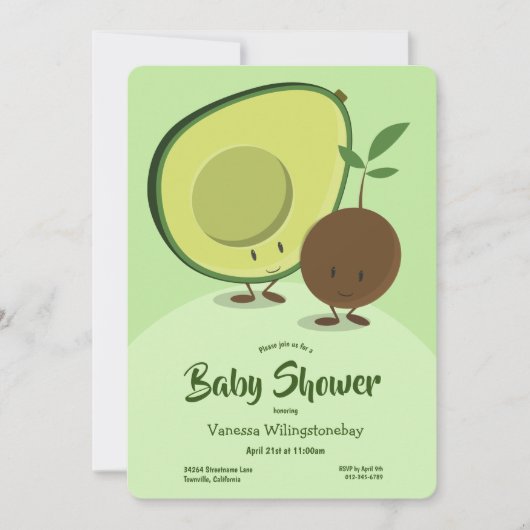 アボカドとピット漫画のキャラクター赤ちゃんシャワー 招待状 (正面)