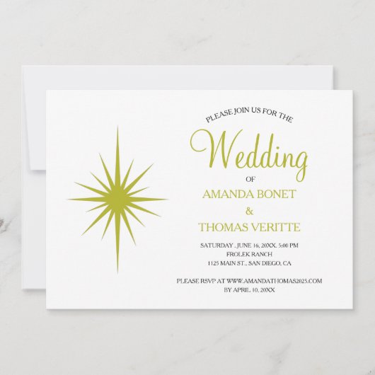 アボカドグリーン原子スターバストミッドセンチュリー結婚ズ 招待状 (正面)