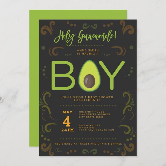 アボカドベイビーシャワーボーグアカモールタコパーティー 招待状 (正面/裏面)