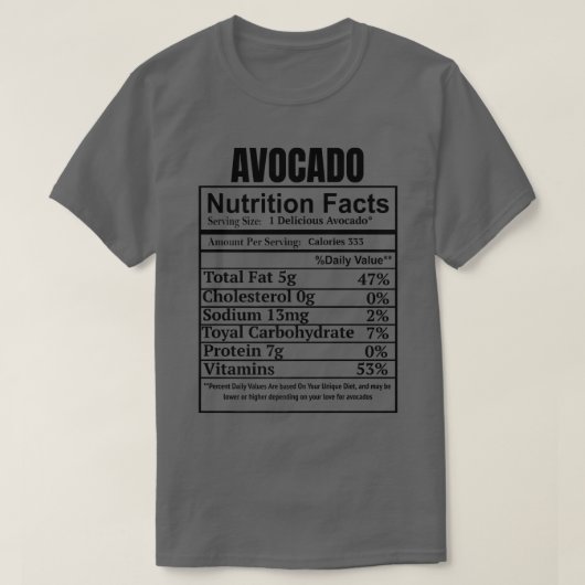 アボカド栄養ファクトおもしろいラベル男性へ Tシャツ (デザイン正面)