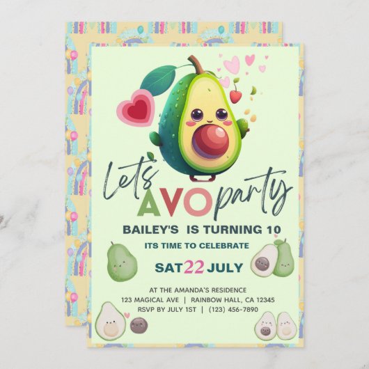アボカド誕生日ホーリーグアカモールキュートフィエスタパーティー 招待状 (正面/裏面)
