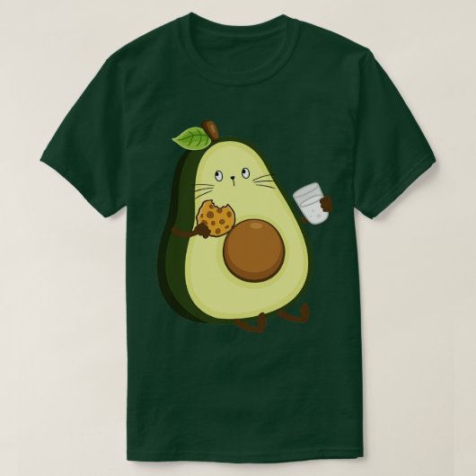 アボカド食べ物ネコのクッキーと牛乳を飲む Tシャツ (デザイン正面)