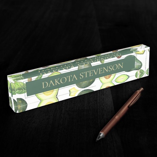 アボカド |ダークグリーン素朴フルーツパターン デスクネームプレート