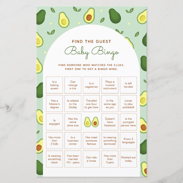 アボカドFind The Guest Bingo Baby Shower Game (正面)