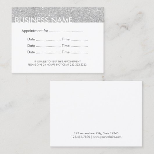 アポイントメントのメモのモダンな銀製のグリッター 予約カード (正面/裏面)