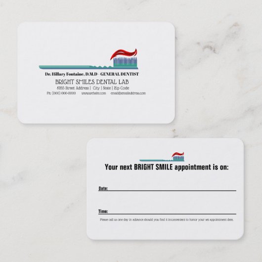 アポイントメントカードが付いている歯科医の名刺 予約カード (正面/裏面)