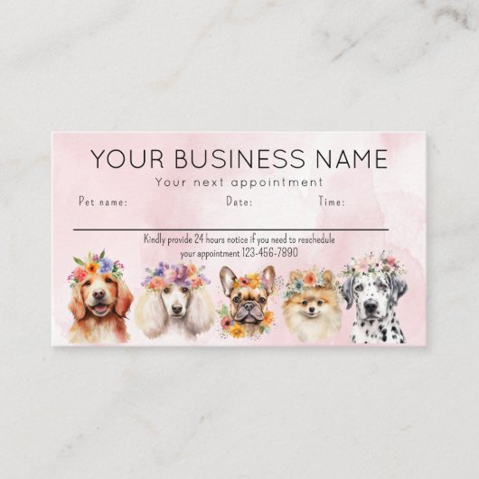 アポイントメントカードの水彩犬の花、ピンク 名刺 (正面)