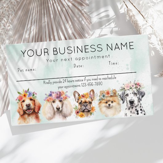 アポイントメントカードの水色の犬の花、緑 名刺