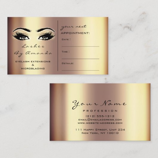 アポイントメントカードメイクアップアーティスト金ゴールドブロンズまつ 予約カード (正面/裏面)