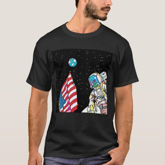 アポロ宇宙飛行士とフラグとアースポップアート Tシャツ (正面)