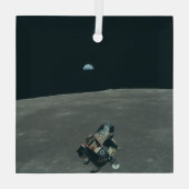 アポロ月着陸船と月の地球の上昇 ガラスオーナメント (裏面)