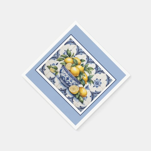アマイタリアンルフィの青い白いタイルのレモンのボウル スタンダードカクテルナプキン (角)