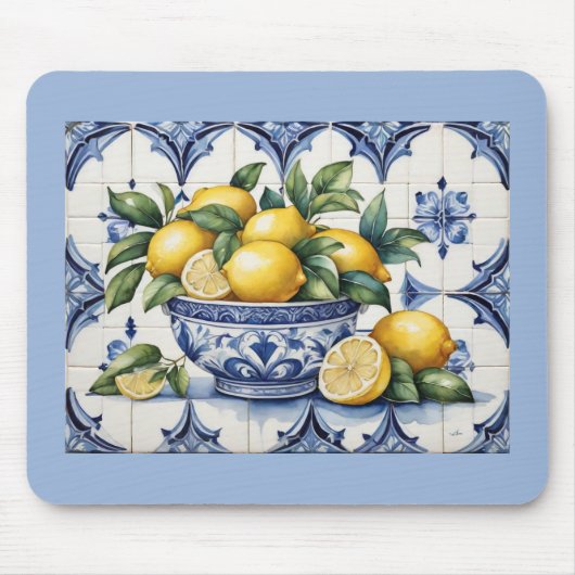 アマイタリアンルフィの青い白いタイルのレモンのボウル マウスパッド (正面)