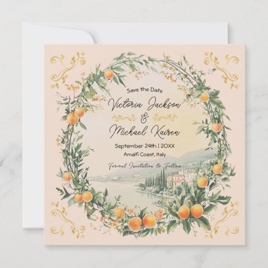 アマイタリアンルフィ沿岸オレンジ色フローラ保存日 招待状 (正面)