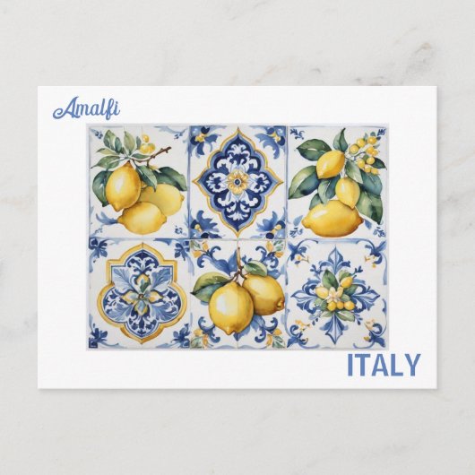 アマイタリアンルフィ海岸の青い白いタイルのレモン ポストカード (正面)