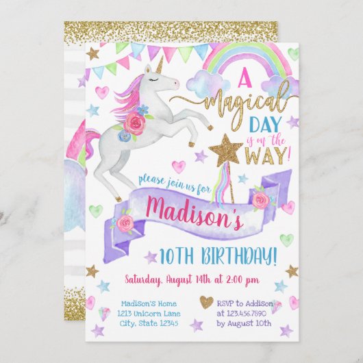 アマジカルデイ絞り染めユニコーン誕生日 招待状 (正面/裏面)
