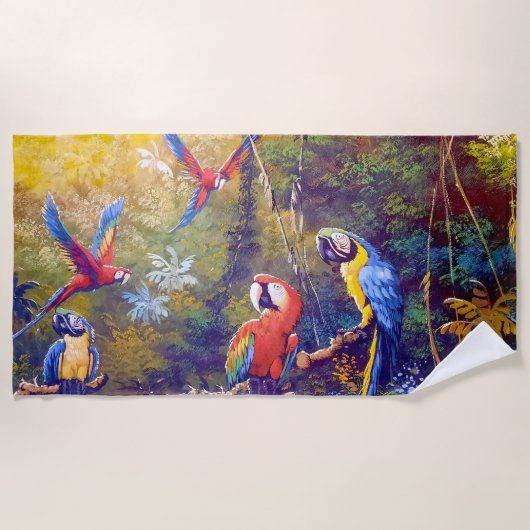 アマゾン熱帯雨林オウム ビーチタオル (正面)
