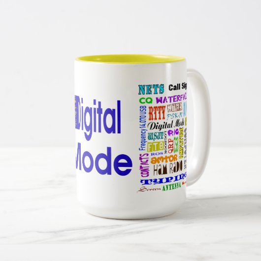 アマチュア無線のデジタルモード単語のコラージュのマグ ツートーンマグカップ (正面右)