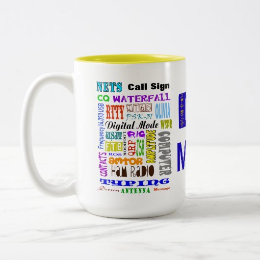 アマチュア無線のデジタルモード単語のコラージュのマグ ツートーンマグカップ (左)