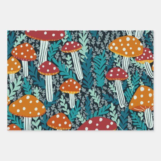 アマニタの魔法のキノコのシダのパターンのギフト ラッピングペーパーシート (正面3)